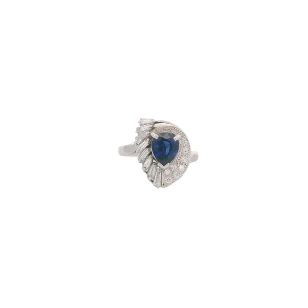 Platinum 1950's 1.22ct Pear Sapphire .48ct Diamond Swirl Ring Size 5.75