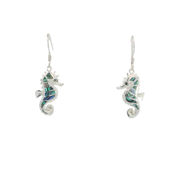 Sterling Silver 35x13mm Abalone Seahorse Dangle Earrings