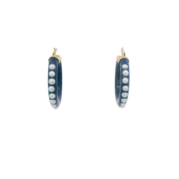 14K Yellow Gold 32x5mm Lapis & Pearl Hoops