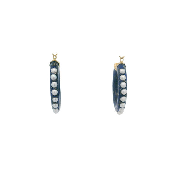 14K Yellow Gold 32x5mm Lapis & Pearl Hoops