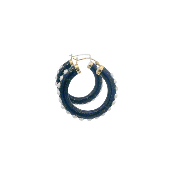 14K Yellow Gold 32x5mm Lapis & Pearl Hoops