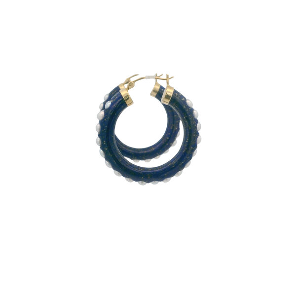 14K Yellow Gold 32x5mm Lapis & Pearl Hoops