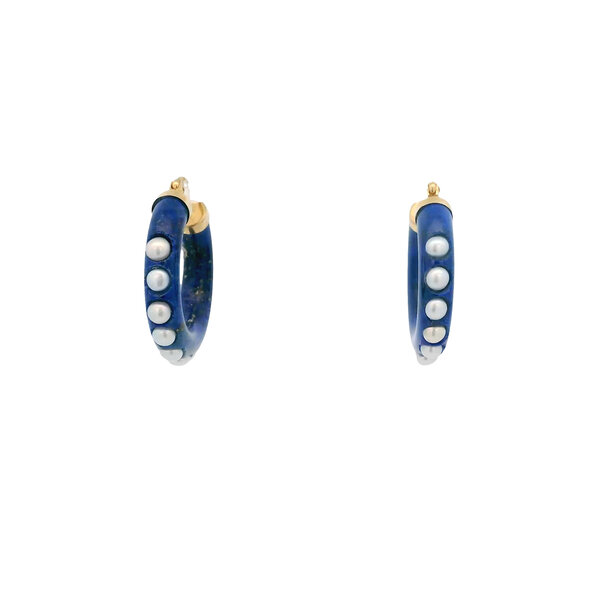 14K Yellow Gold 27x5mm Lapis & Pearl Hoops