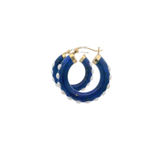 14K Yellow Gold 27x5mm Lapis & Pearl Hoops