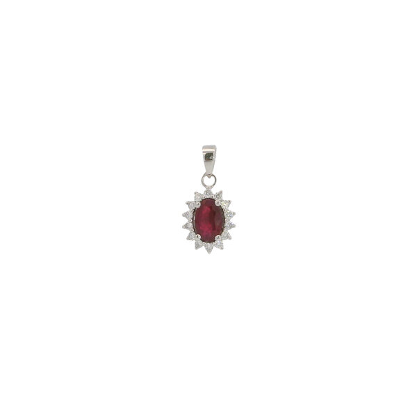 10K White Gold 1.01ct Oval Ruby & .25ct Diamond Pendant 18x9mm