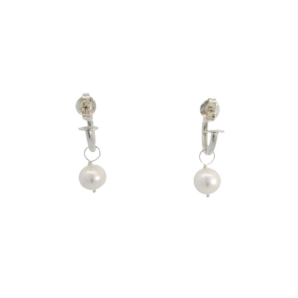 Sterling Silver 7-7.5mm Freshwater Pearl Dangle 14x2mm Huggie Hoops