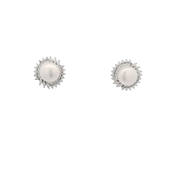 Sterling Silver CZ & 9mm White Freshwater Pearl Post Earrings