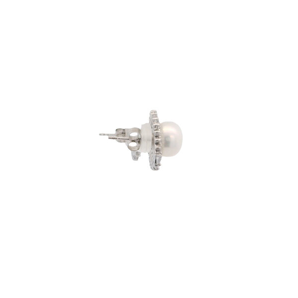 Sterling Silver CZ & 9mm White Freshwater Pearl Post Earrings