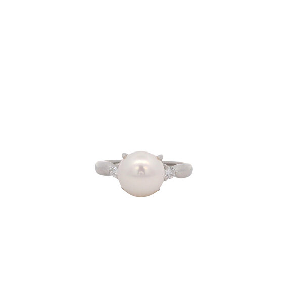 Platinum 1960's 8mm Akoya Pearl .11ct Diamond Ring Size 6.25