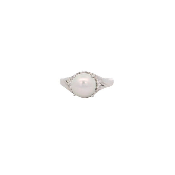 Platinum 1950's 8mm Silver Akoya .06ct Diamond Ring Size 7
