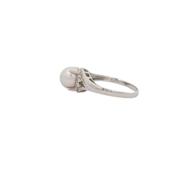 Platinum 1950's 8mm Silver Akoya .06ct Diamond Ring Size 7