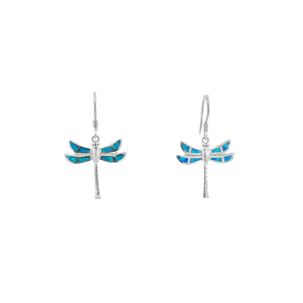 Sterling Silver 34x20mm Blue Opal Dragonfly Dangle Earrings