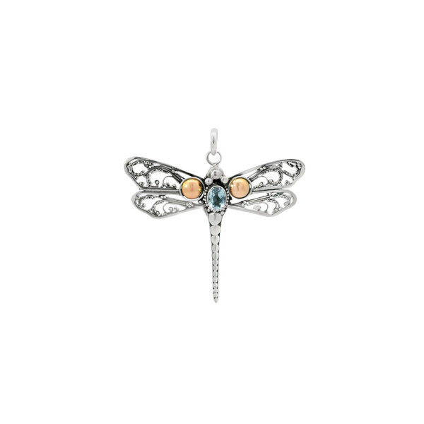 Sterling Silver & Rose Plated 50x52mm Oval Aquamarine Filigree Dragonfly Pendant
