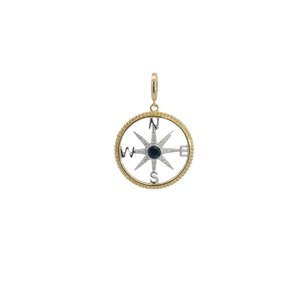 14K Yellow and White .18ct Sapphire & .11ct Diamond Rope Edge Compass Large