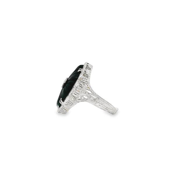 14K White Gold 1930's Carved Onyx .03ct Diamond Filigree Ring Size 7