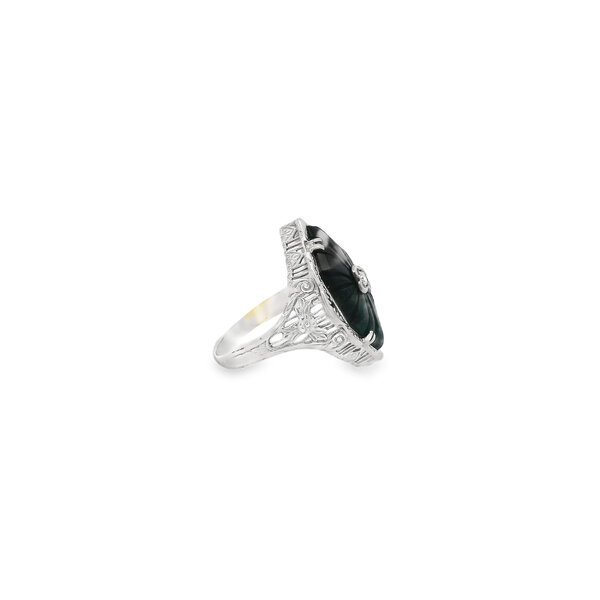 14K White Gold 1930's Carved Onyx .03ct Diamond Filigree Ring Size 7