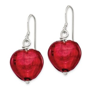 SS Red Murano Glass Heart Dangle Earrings