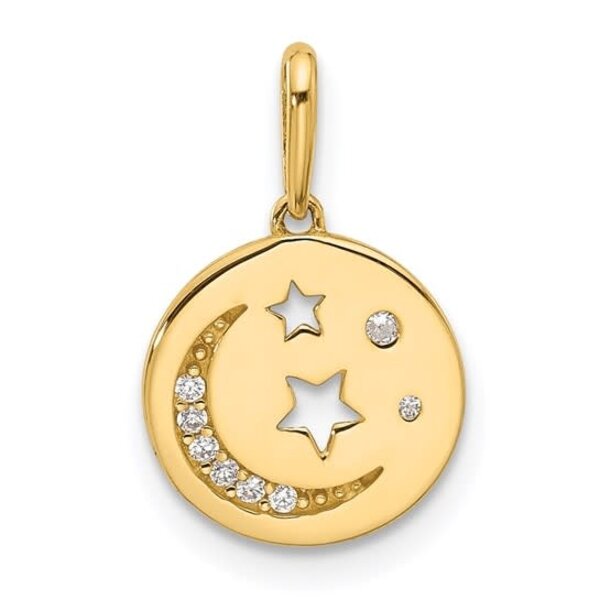 14K Yellow Gold Cubic Zirconia Crescent Moon & Star Disc 16x10mm