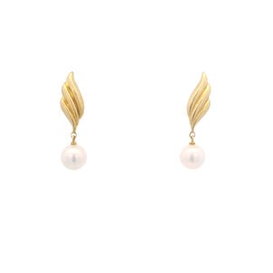 18KY Estate 6.5mm Akoya Pearl Leaf Post Earrings