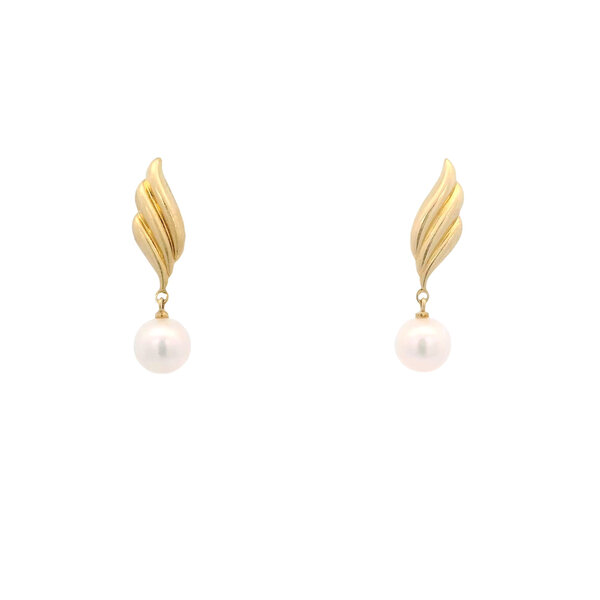 18K Yellow Gold Estate 6.5mm Akoya Pearl Leaf Post Earrings