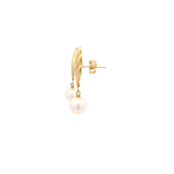 18K Yellow Gold Estate 6.5mm Akoya Pearl Leaf Post Earrings
