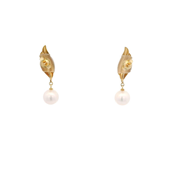 18K Yellow Gold Estate 6.5mm Akoya Pearl Leaf Post Earrings