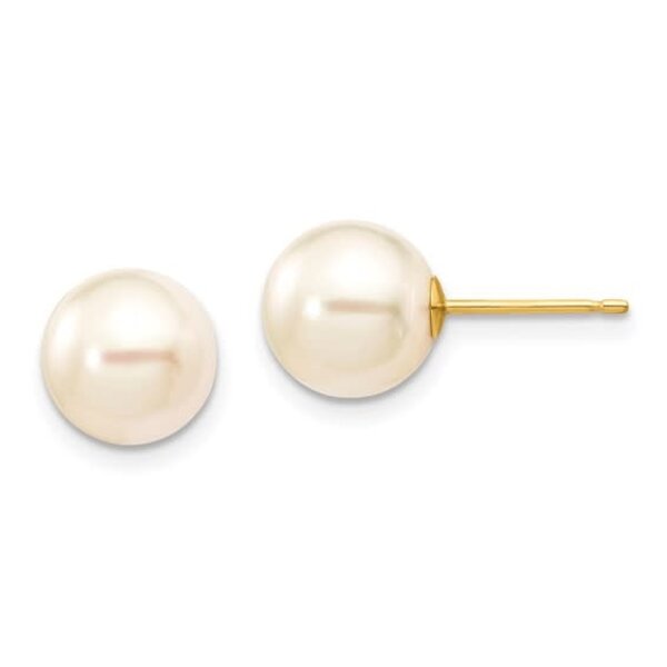 14KY Round White Saltwater Akoya Pearl Post Earrings