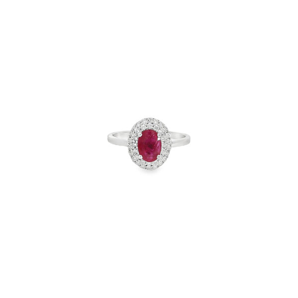 18K White Gold 1ct Ruby & .37ct Double Diamond Halo Ring Size 7