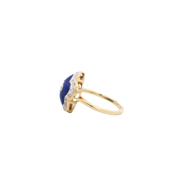 14K Yellow Gold Lapis & .10ct Diamond Flower Ring Size 7