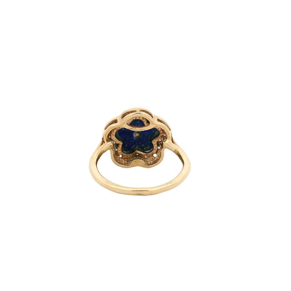 14K Yellow Gold Lapis & .10ct Diamond Flower Ring Size 7