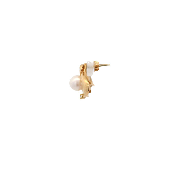 14K Yellow Gold 1970's 6mm Freshwater Pearl .02ct Diamond Post Earrings