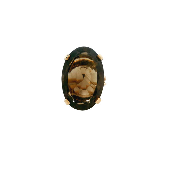 14K Yellow Gold 1970's 40.5ct Oval Smoky Topaz Ring Size 6.25