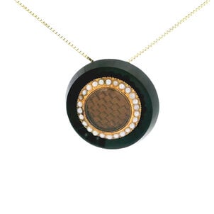 14KY 1800's Victorian Mourning PD Onyx, Seed Pearl & Woven Hair Center