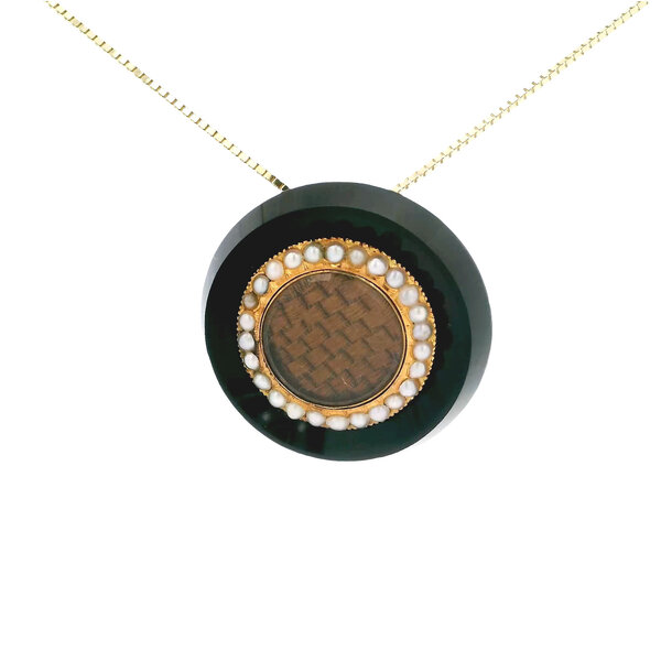 14K Yellow Gold 1800's Victorian Mourning Pendent Onyx, Seed Pearl & Woven Hair Center
