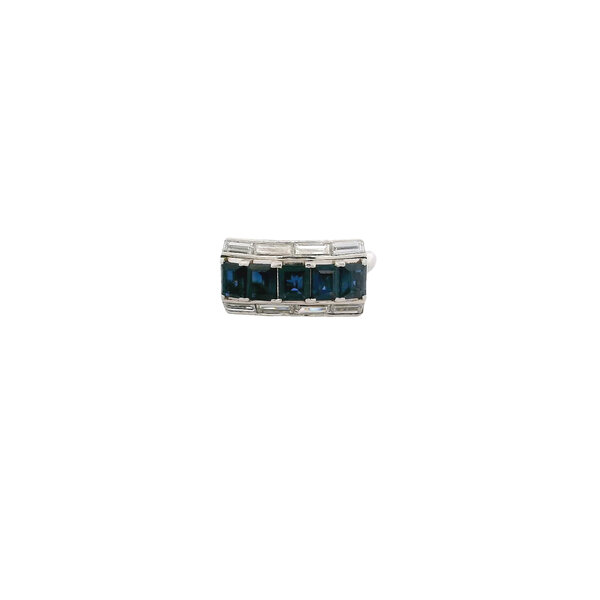 Platinum 1940's 1.55ct Sapphire & .68ct Diamond Art Deco Bar Ring Size 5.5