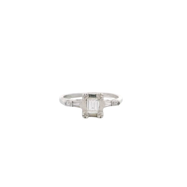 14K White Gold 1930's .49ct Emerald Cut Diamond & .08ct Diamond Ring Size 6