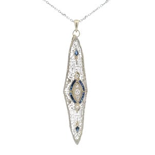 14KW 1920's .20ct Dia & Blue Stone Art Deco Filigree Necklace 18"