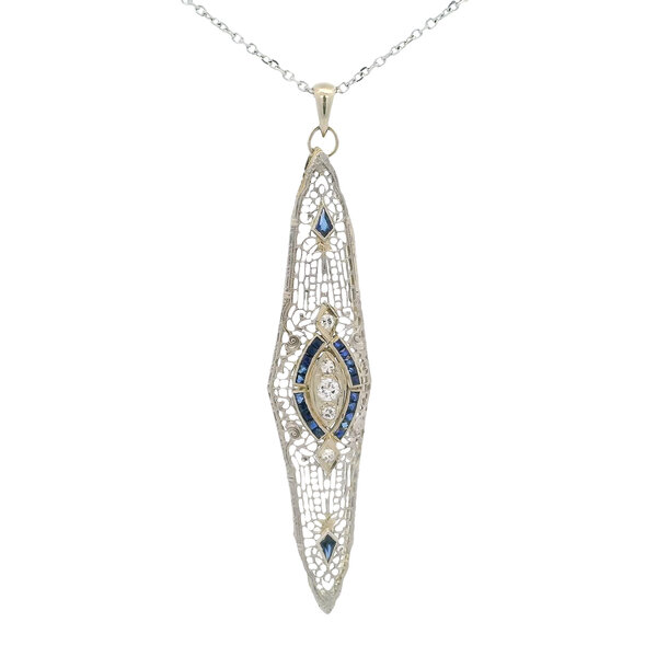 14K White Gold 1920's .20ct Diamond & Blue Stone Art Deco Filigree Necklace 18"