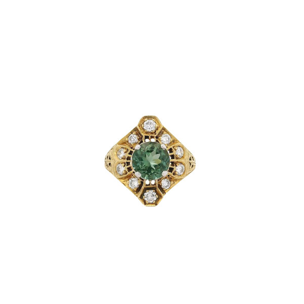 18K Yellow and White  Gold 1940's 1.72ct Round Green Tourmaline & .50ct Diamond Ring Size 7