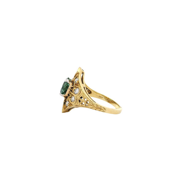 18K Yellow and White  Gold 1940's 1.72ct Round Green Tourmaline & .50ct Diamond Ring Size 7