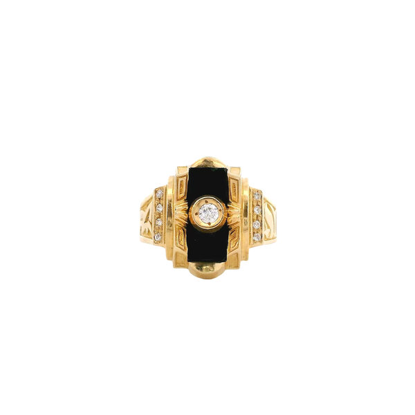 10K Yellow Gold Estate Black Onyx & Cubic Zirconia Filigree Ring Size 11