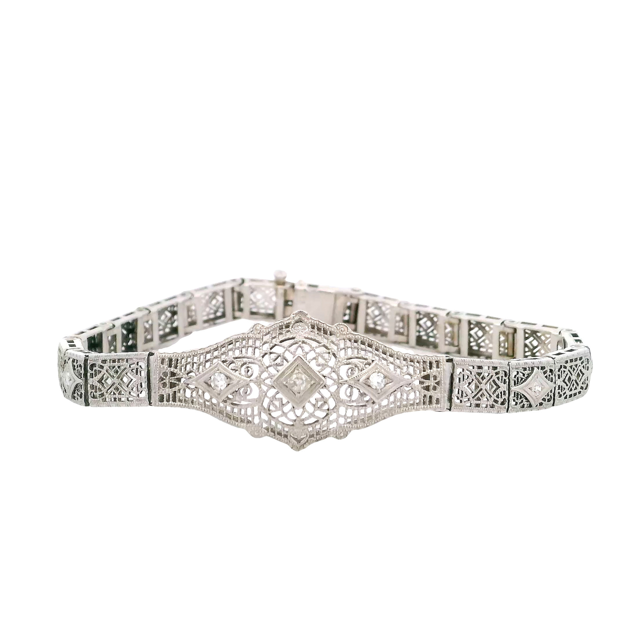 【DAI様用】PERPETUAL / What A Cruel World 10KW 1930's .15ct Single Cut Dia Filigree Deco Bracelet 7
