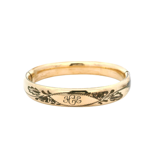 Gold Filled 1940's 11mm Hinged Bangle with Filigree Pattern and Monogram 7.5"