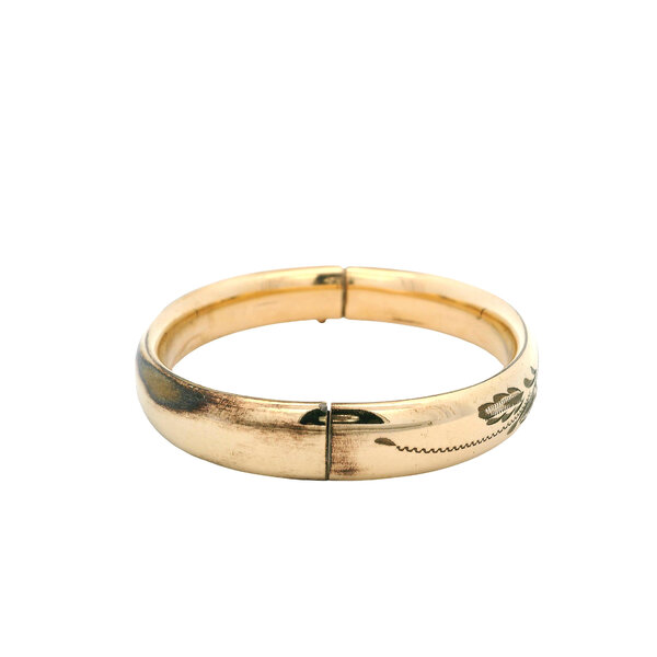 Gold Filled 1940's 11mm Hinged Bangle with Filigree Pattern and Monogram 7.5"