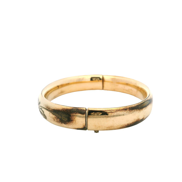 Gold Filled 1940's 11mm Hinged Bangle with Filigree Pattern and Monogram 7.5"