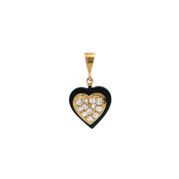 10K Yellow Gold Estate Black Onyx Cubic Zirconia Heart Pendant 29x16mm