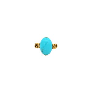 18KY 1960's 2.75ct Oval Cab Turquoise Filigree Ring Sz 5.25