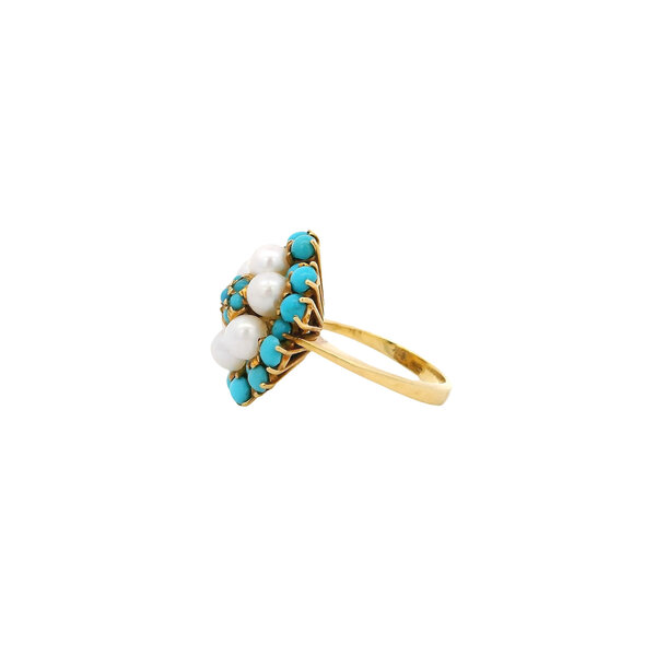 18K Yellow Gold 1960's Freshwater Pearl & Turquoise Ring Size 3.5