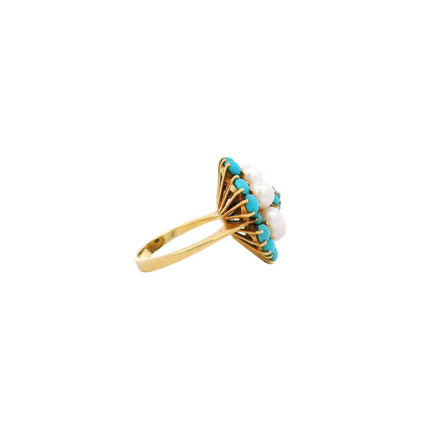 18K Yellow Gold 1960's Freshwater Pearl & Turquoise Ring Size 3.5