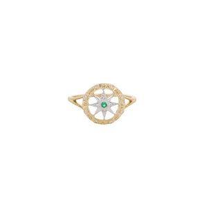14KYW .03ct Dia and .02ct Em Compass R Sz 7